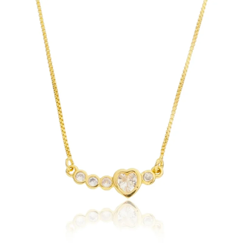 Colar Veneziana Com Zircônias E Coração Central – Folheado A Ouro 18k