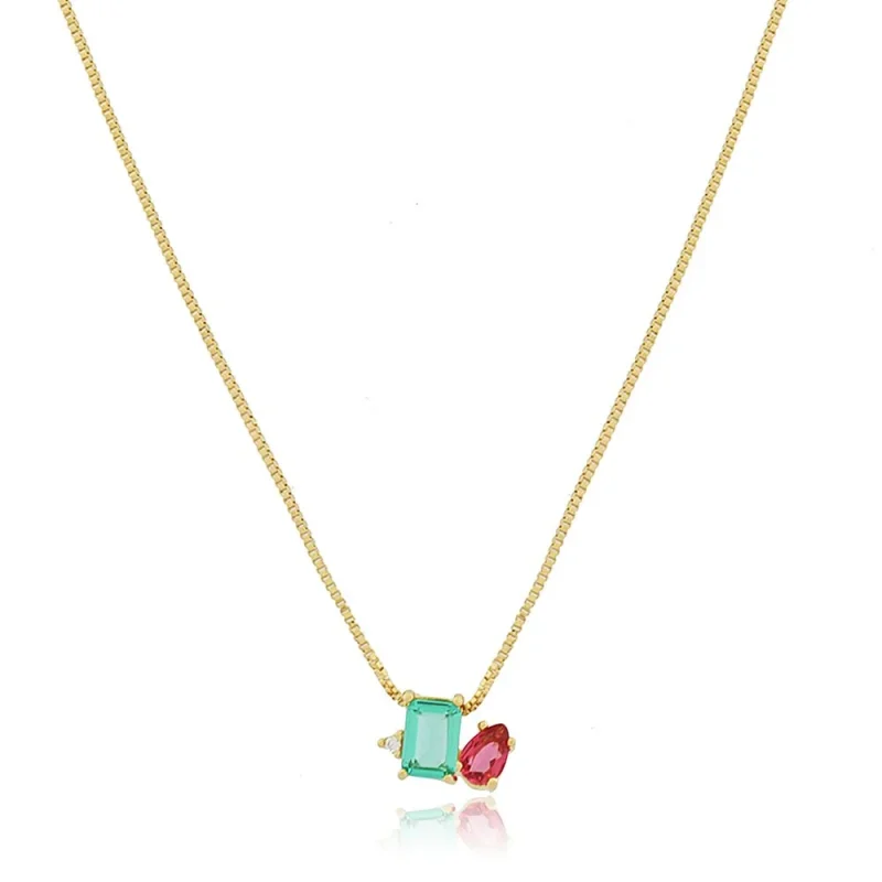 Colar Com Zircônias Coloridas Folheado A Ouro 18k