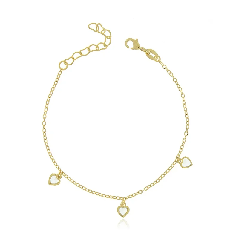 Pulseira Fina Com Corações Cravejados De Zircônias Folheada A Ouro 18k