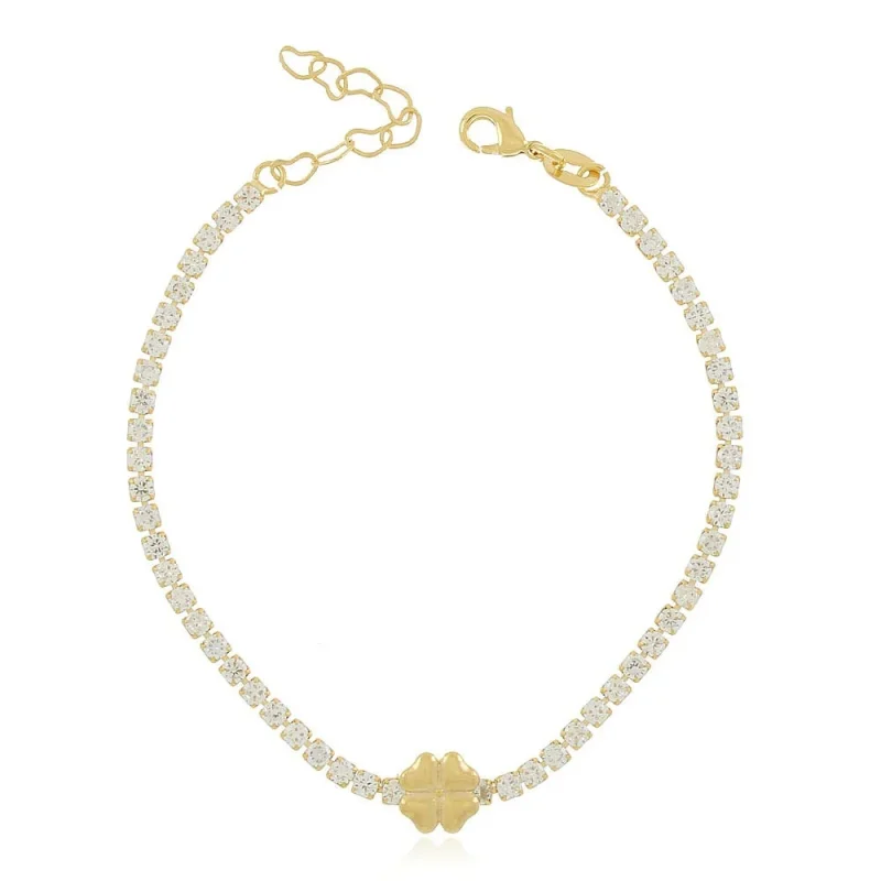 Pulseira Riviera Com Trevo Da Sorte E Zircônias Folheada A Ouro 18k