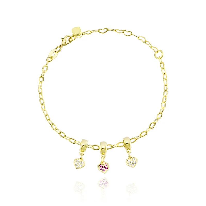 Pulseira Com Pingentes De Coração Cravejados Folheada A Ouro 18k