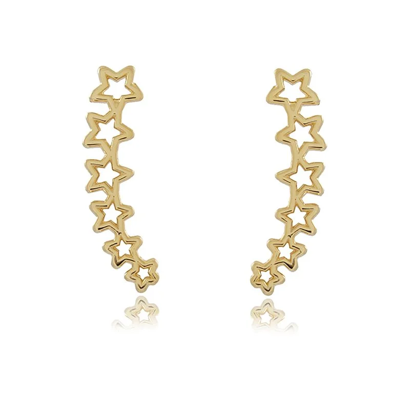 Brinco Ear Climber Estrelas Vazadas Folheado A Ouro 18k