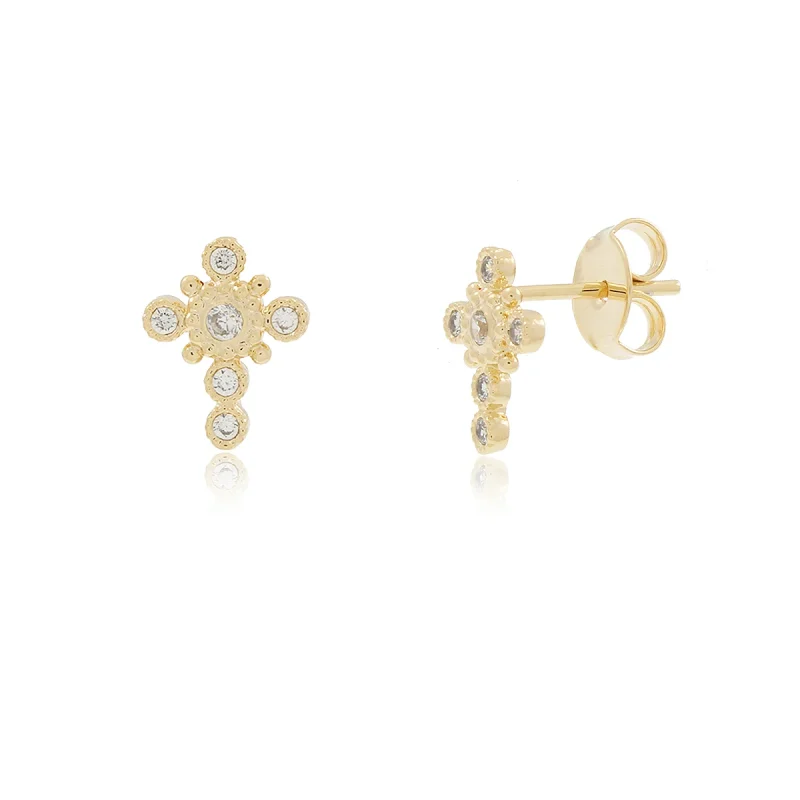 Brinco Pequeno Cruz Folheado A Ouro 18k Com Zircônias