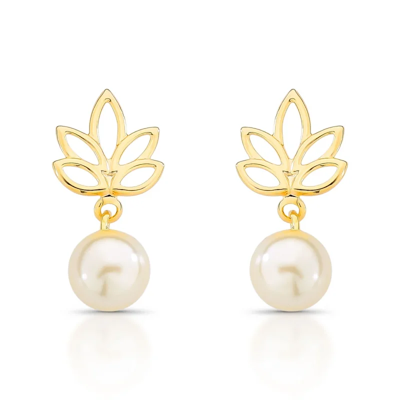 Brinco Com Folhas Vazadas E Pérola Folheado A Ouro 18k – Inspiração Na Natureza